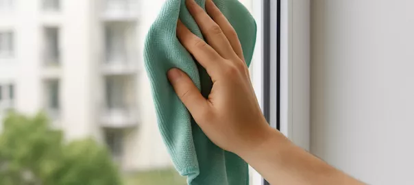 "Hand putsar fönster med mikrofiberduk inför lägenhetsbesiktning – noggrann fönsterputs som del av flyttstädning för godkänd överlämning"
